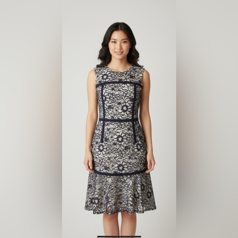 CAROLINA HERRERA DRESS navy and white lace dress size 8 LIKE NEW.  Worn ONCE